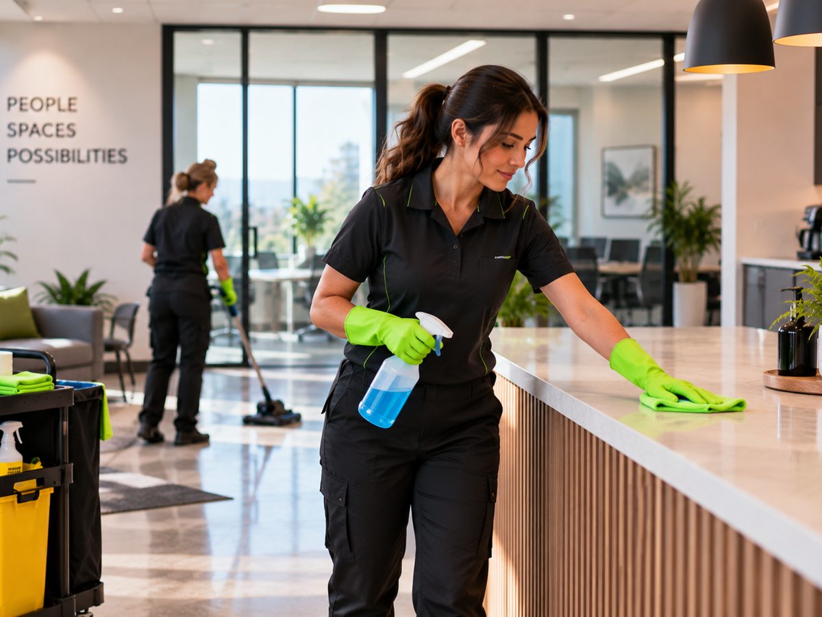 Reception counter being wiped down