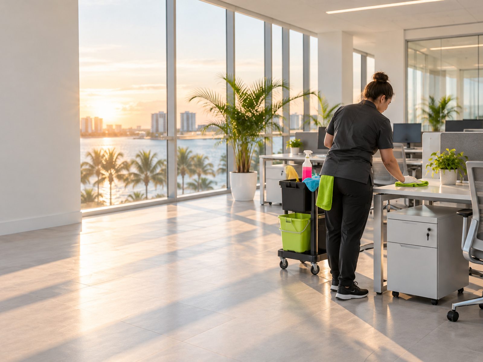 A Fresh + Clean team member wiping down a bright Southwest Florida office at sunset
